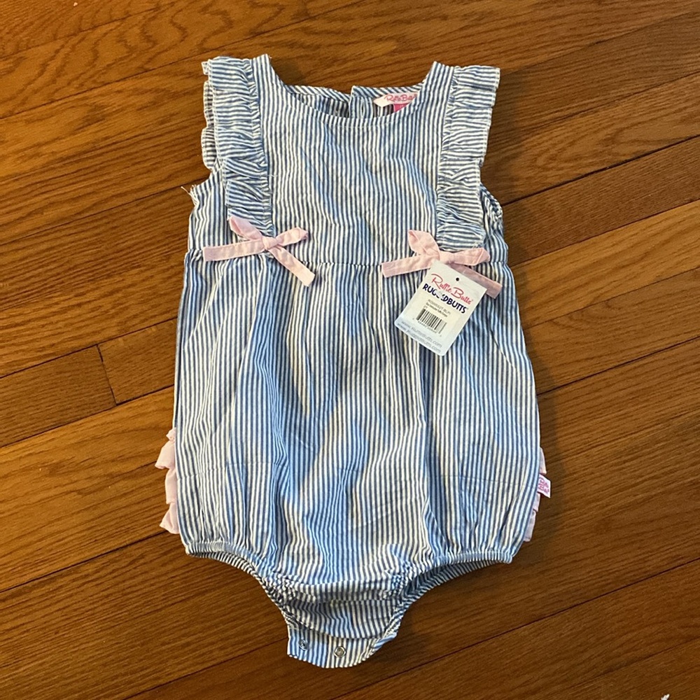 RuffleButts 2T Classic Ruffle Romper NWT Blue Seersucker